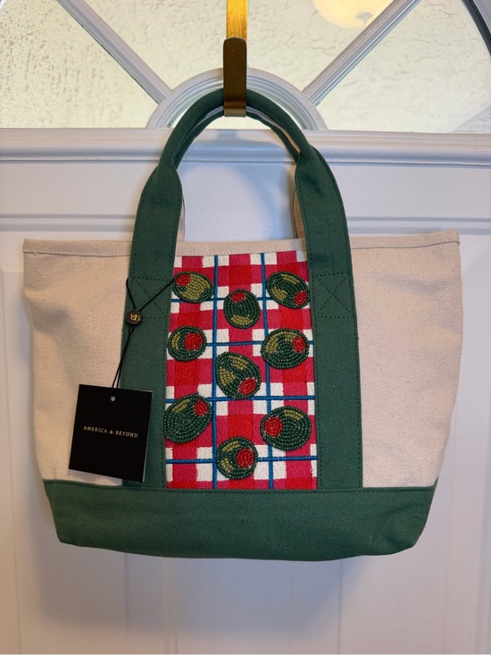 America & Beyond Handbags - America & Beyond Olive Beaded Canvas Boat Tote - Green and Cream